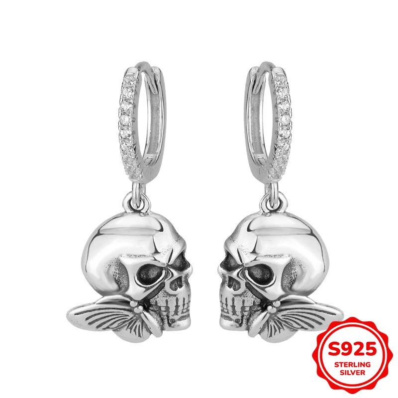 

Retro Dark Authentic S925 Silver Butterfly Skull Earrings for Women Gothic Style Earrings