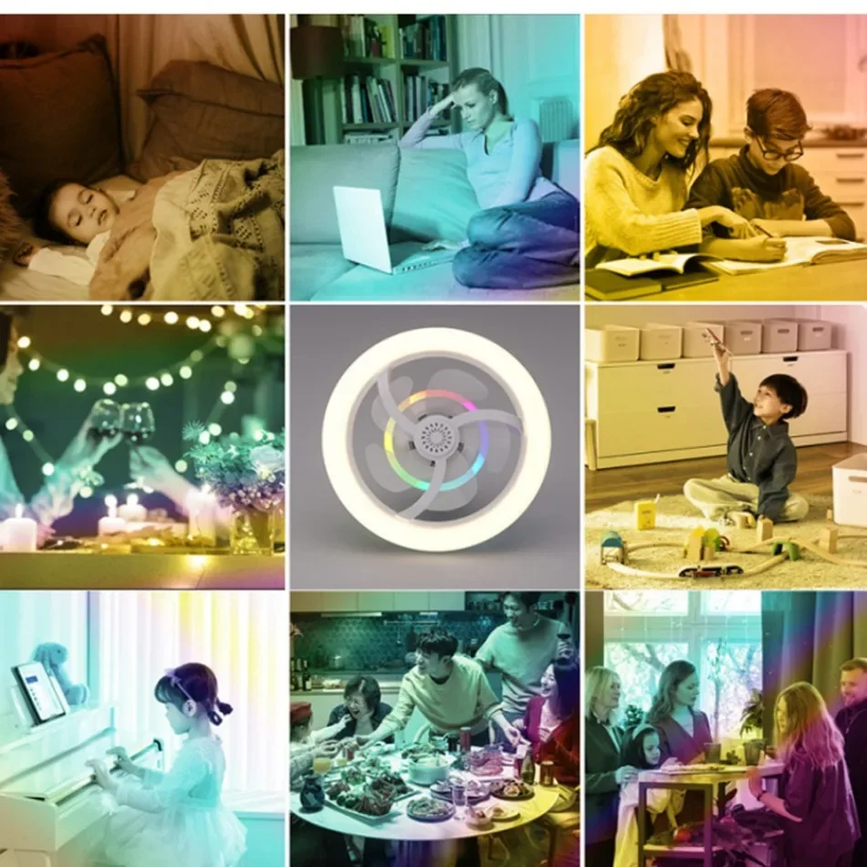 Modern 360° Rotating Ceiling Fan with LED Light & Remote RGB Color Dimmable E27 Chandelier Fan Lamp for Home Atmosphere Lighting