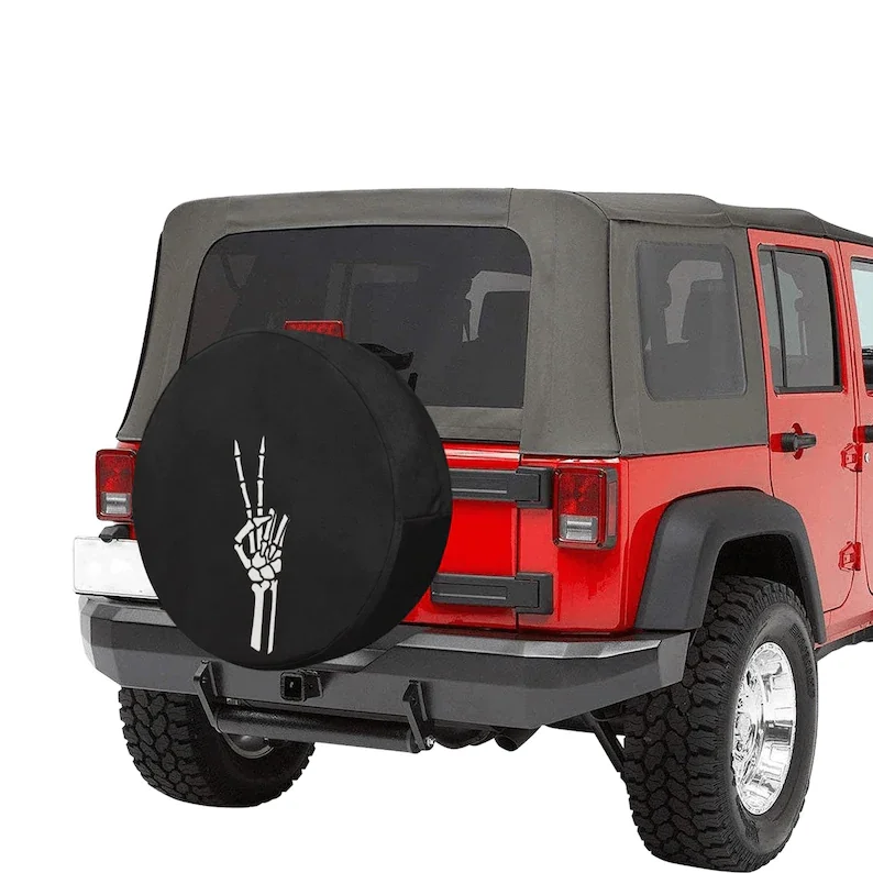 Skeleton Peace Sign - Spare Tire Cover for Jeep Wrangler, Jeep Liberty, 2021 Bronco, RV, Camper - Optional Backup Camera Hole