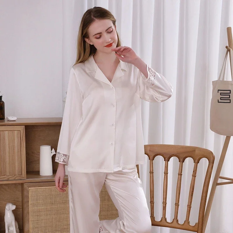 19MM Natural Mulberry Silk Pajama Set Lace Trim Long-sleeved Pyjamas Button Down Lapel Cardigan Pajamas Two Pieces Loungewear PJ