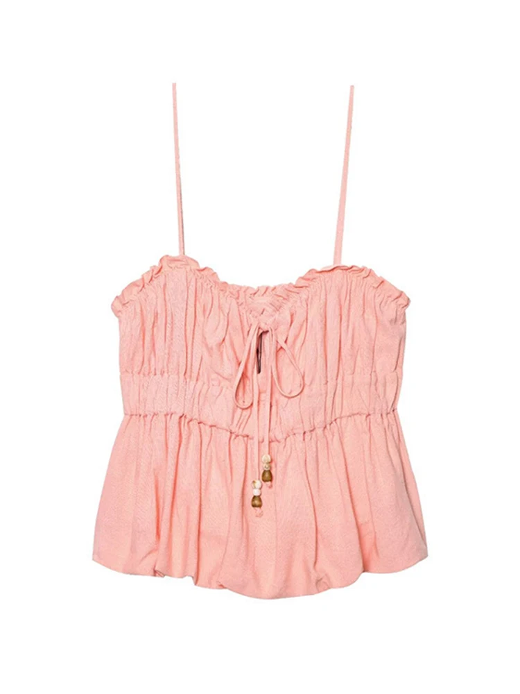 Sexy rendas até babados estilingue colete curto feminino sólido decote em v sem mangas sem costas plissado colheita topos 2025 verão senhora chique regata