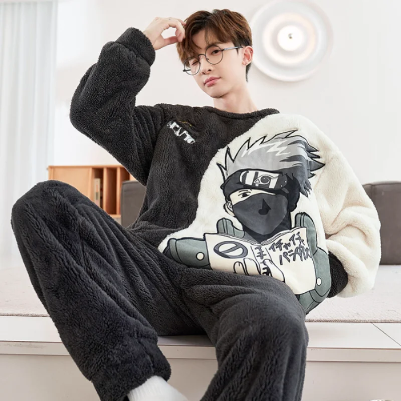 Naruto Naruto Winter Fleece Men\'s Warm Pajamas Thickened Long Casual Cartoon Loungewear Autumn and Winter