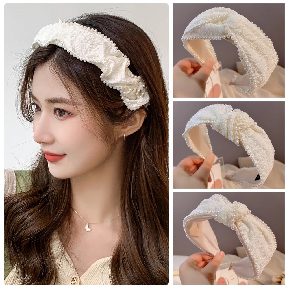 2022 Hot Sale French Retro White Pearl Bow Headband Headband Headdress Fashion Women\'s Sweet Hair Accessories