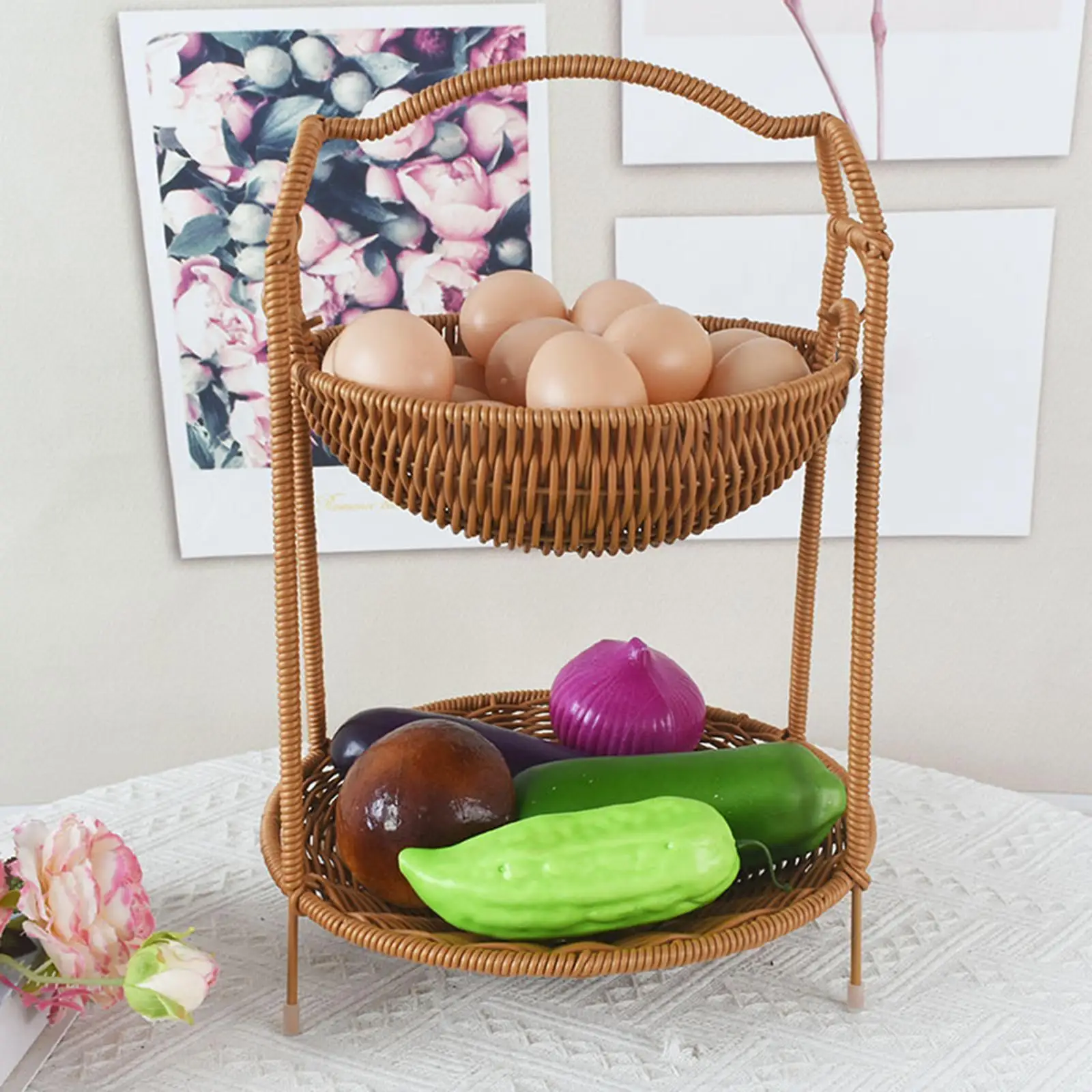 Fruit Basket Serving Stand Storage Basket Two Tiered Imitation Rattan Snacks Tray for Fruits Indoor Household Family Reunions