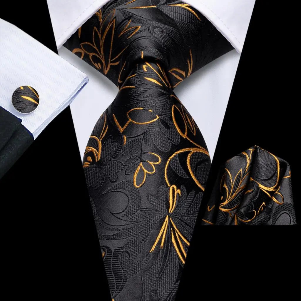 2023 New Black Gold Floral Gift Tie for Men Fashion Brand Wedding Party Necktie Handky Cufflinks Wholesale Hi-Tie Designer