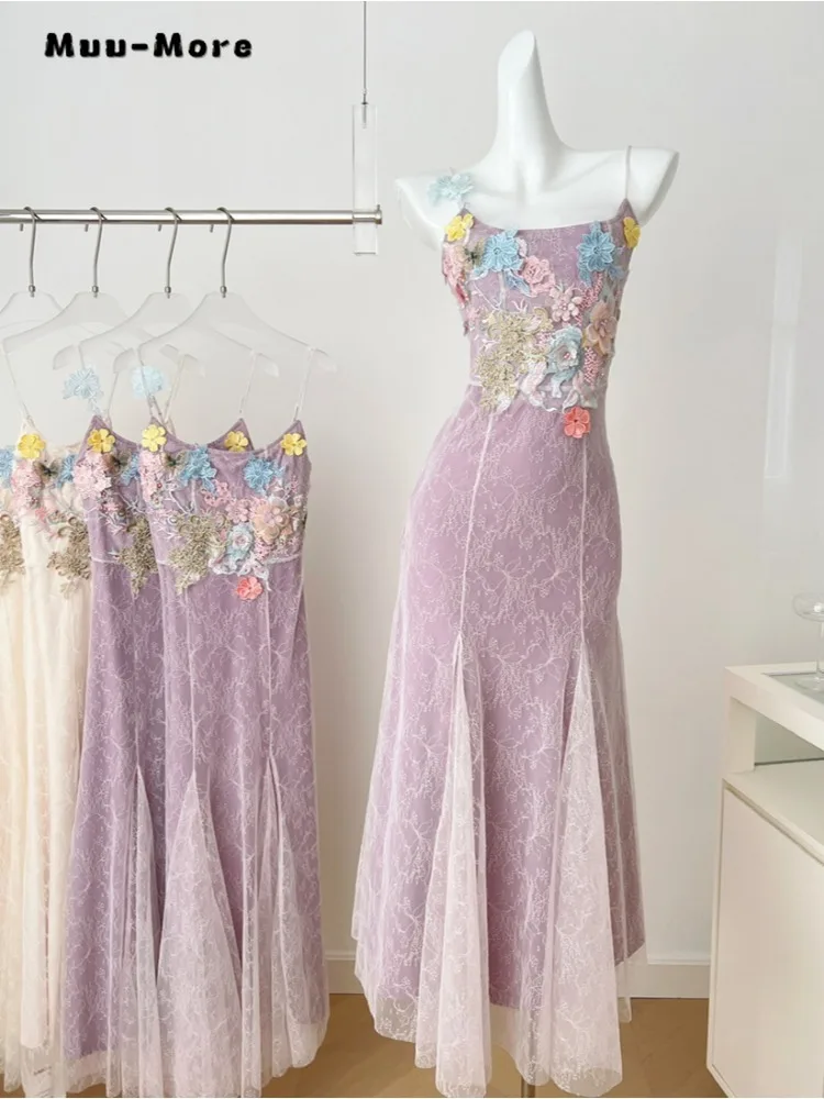 

Women Fairy Sleeveless Round Neck 3D Floral Appliques Suspender Dresses 2025 Spring Elegant High Waist Chiffon Slim Thin Dress