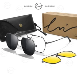 LM Top Brand Design Sunglasses Men Polarized 3 In 1 Magnetic Clip On Glasses Women Hexagon Night Vision Anti-Blue Light Eyeglass