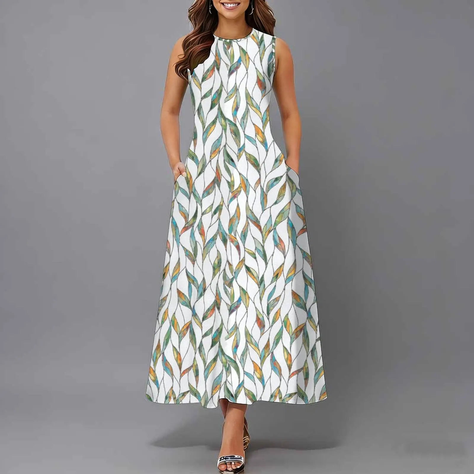 Women Sleeveless Long Maxi Dress With Pockets 3D Oil Painting Print Casual Loose Summer Vacation Party Sundress