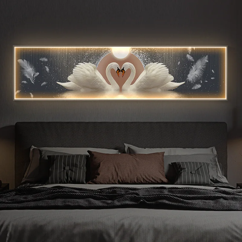 Modern Light Luxury Bedroom Bedhead Decoration Mural LED Light  Master Bedroom Room Luminous Atmosphere Hanging Swan Painting