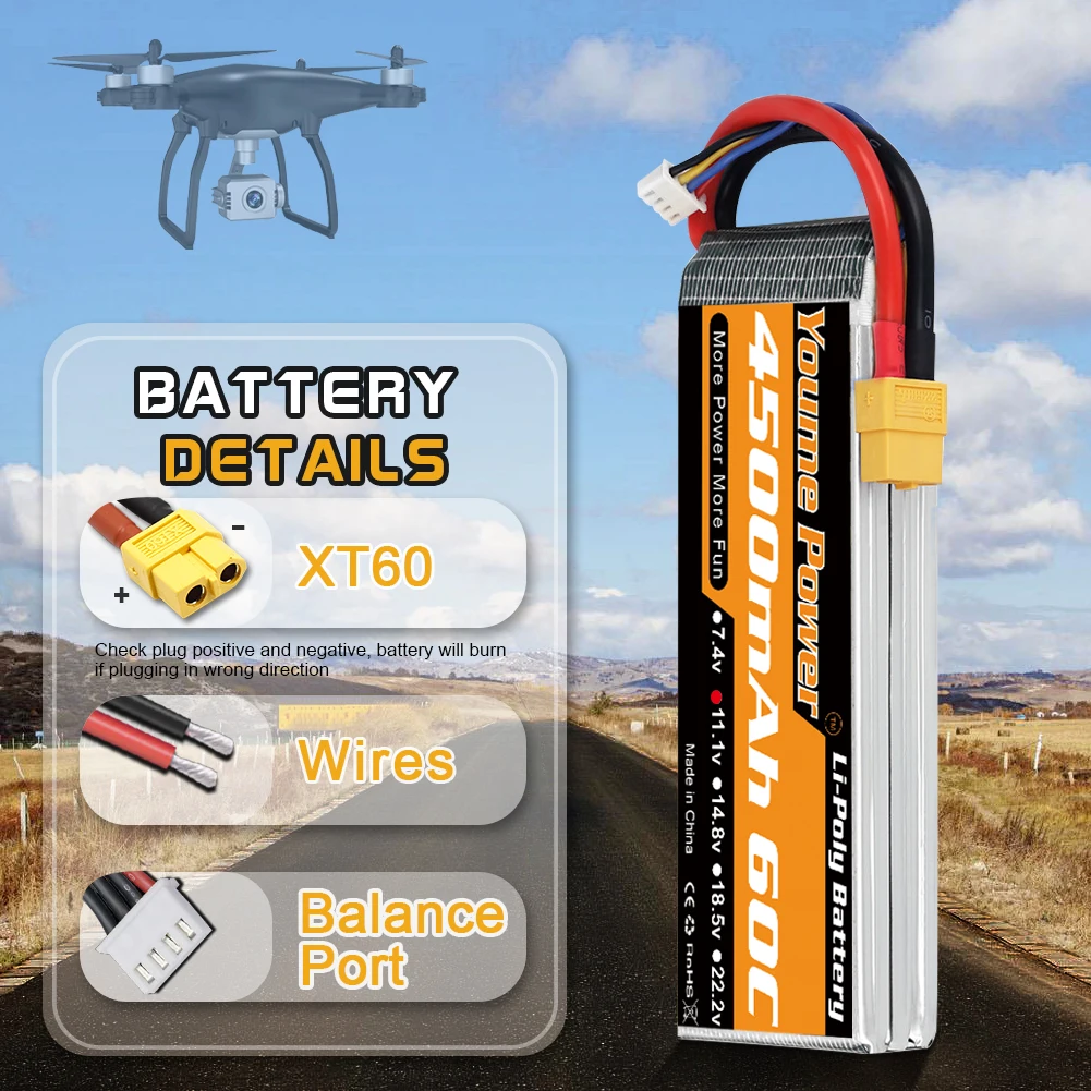 YOUME 1PCS 4500mah Lipo Battery 2S 3S 4S 6S 5S 7.4V 11.1V 14.8V