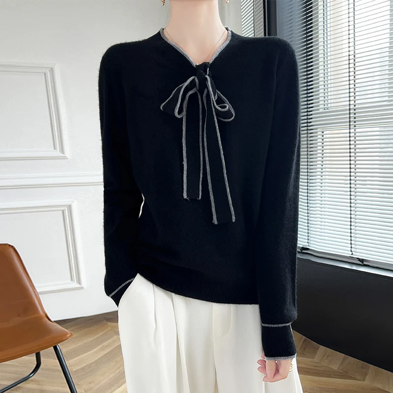 Женский свитер из 100% мериносовой шерсти с галстуком-бабочкой и цветными блоками, модный вязаный пуловер с длинными рукавами, кашемировый мягкий теплый топ одежды