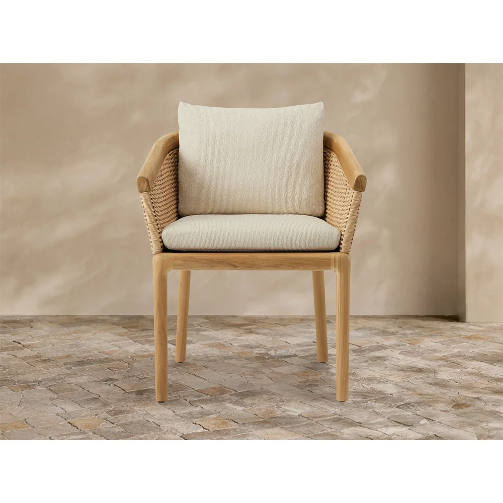Modern Outdoor Teak Dining Chair With All-Weather Wicker & Quick-Dry Cushion-Eco-Friendly Durable Solid Wood Patio Dining Chair