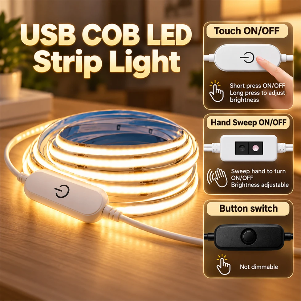 5m-0.5m DC5V USB COB Light Strip 320LEDs/m Touch Switch Hand Scan Dimming Button Switch for Home Living Room Lighting Decoration