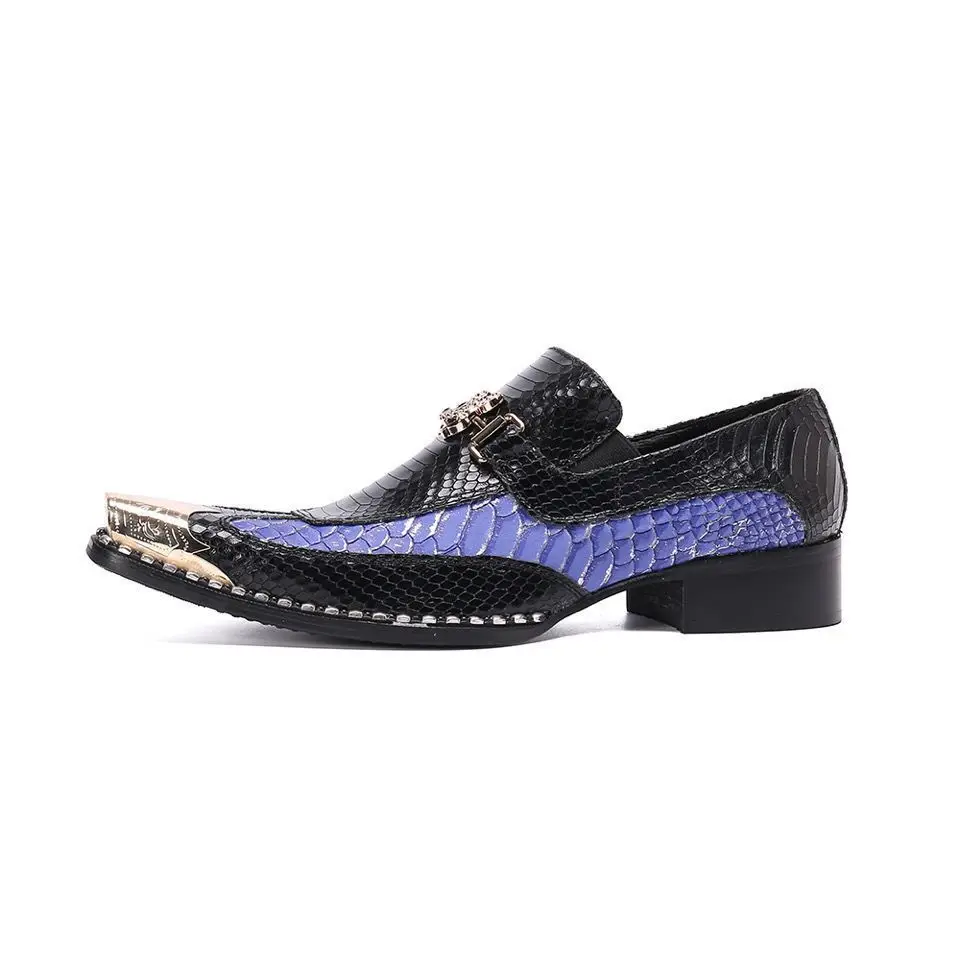 Metal Pointed Toe Genuine Leather Men\'s Shoes Luxury Black Snake pattern Colors Loafers Wedding Banquet Party Social Dress Shoes