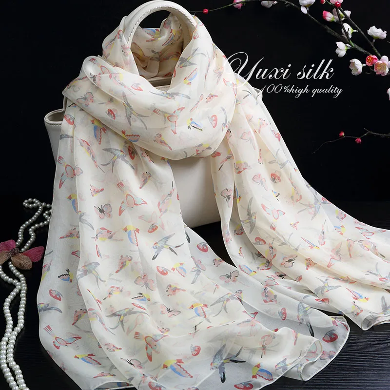 Hoge kwaliteit beige onderkant vogel 100% zijde lange sjaals sjaal dames lente, herfst en winter zomersjaal