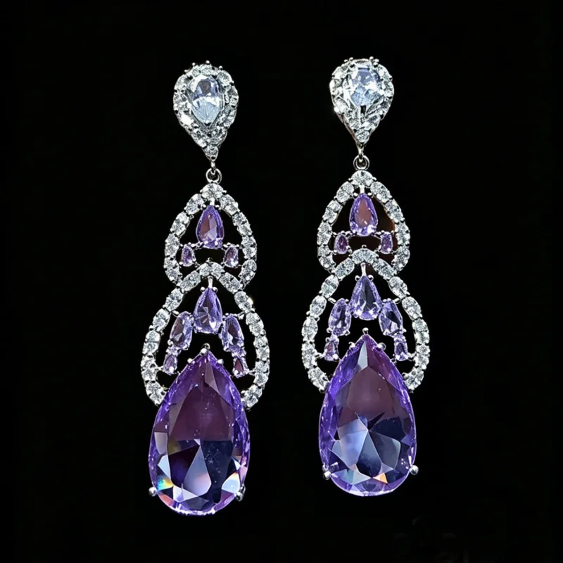 Lavender Teardrop Drop Earrings For Women Luxury Purple Cubic Zirconia Dangle Earrings Silver Plated Evening Gown Jewelry Daily