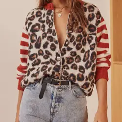 Women's Y2K Vintage Sweaters Aesthetic Striped Leopard Print Patchwork Button-down Round Neck Loose Fit Knitwear Coat