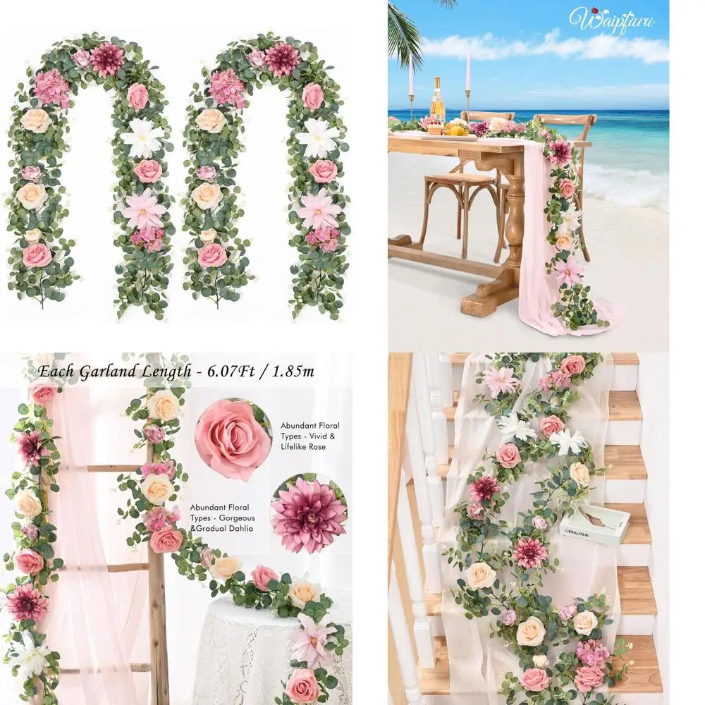 

2Pcs Artificial Flower Garland Decorations, 12.14Ft Eucalyptus Greenery Vines with Pink Roses for Wedding Table Runner Centerpie