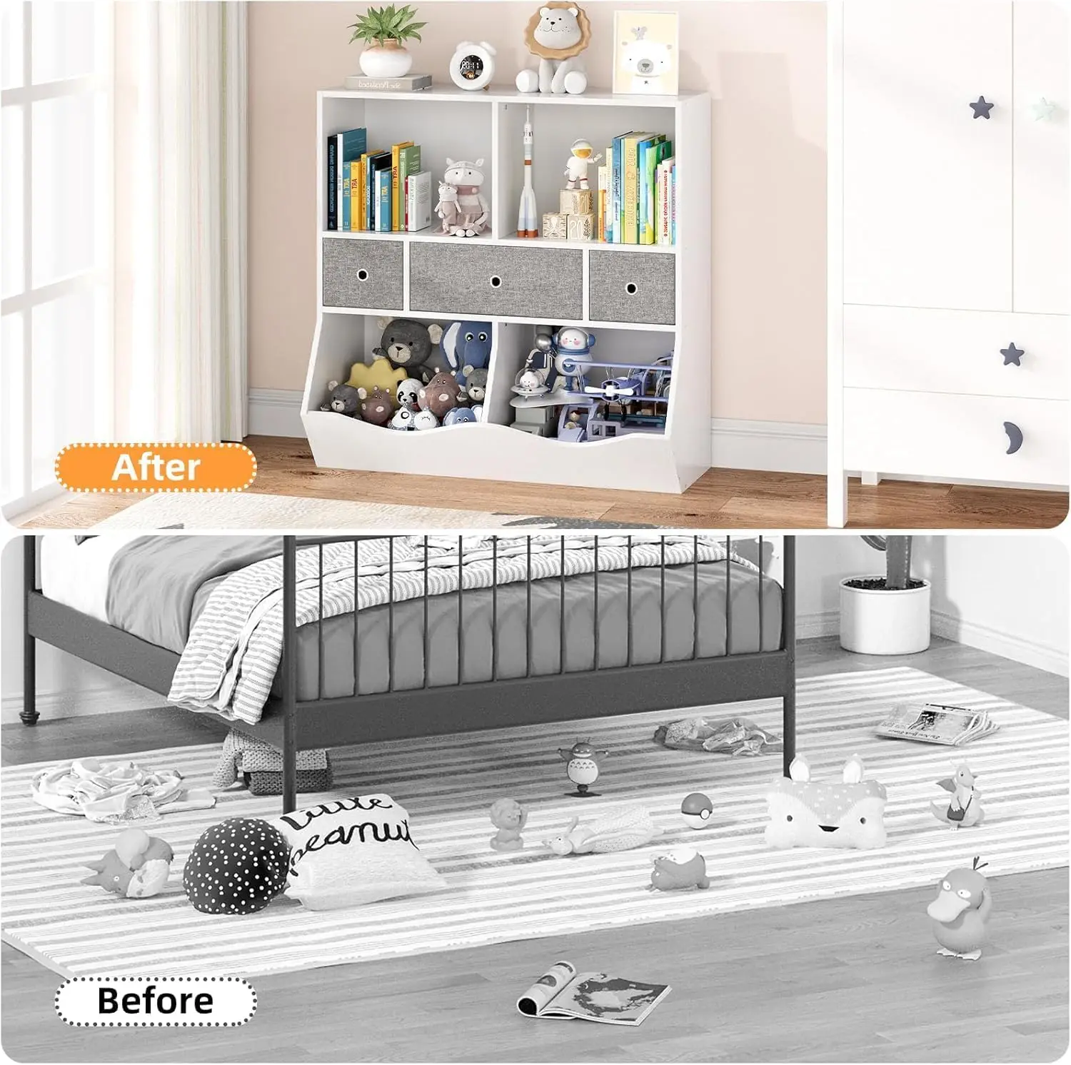 Amyove Kids Toy Storage Organizer, ชั้นวางหนังสือสําหรับเด็กพร้อมชั้นวางหนังสือ 2 ชั้น, ลิ้นชักถอด 3 ลิ้นชักและ 2 Cubbies, อุปกรณ์จัดเก็บของเล่นและ