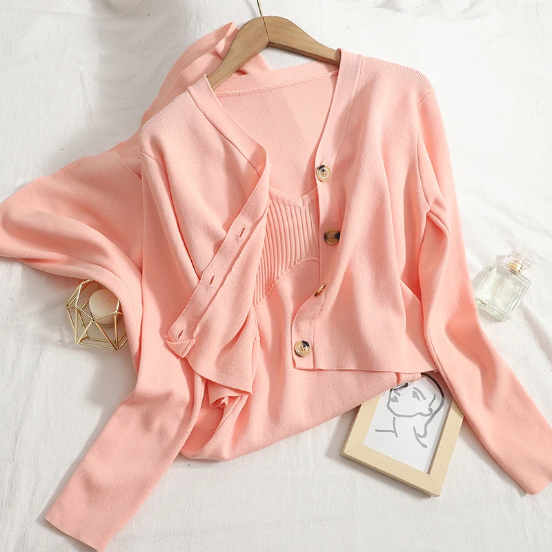 

2022 Women Spring Autumn Sexy Sling Knitted Sweater Dress + V Neck Single Breasted Short Cardigan Thin Sweater Coat 2 Piece Sets