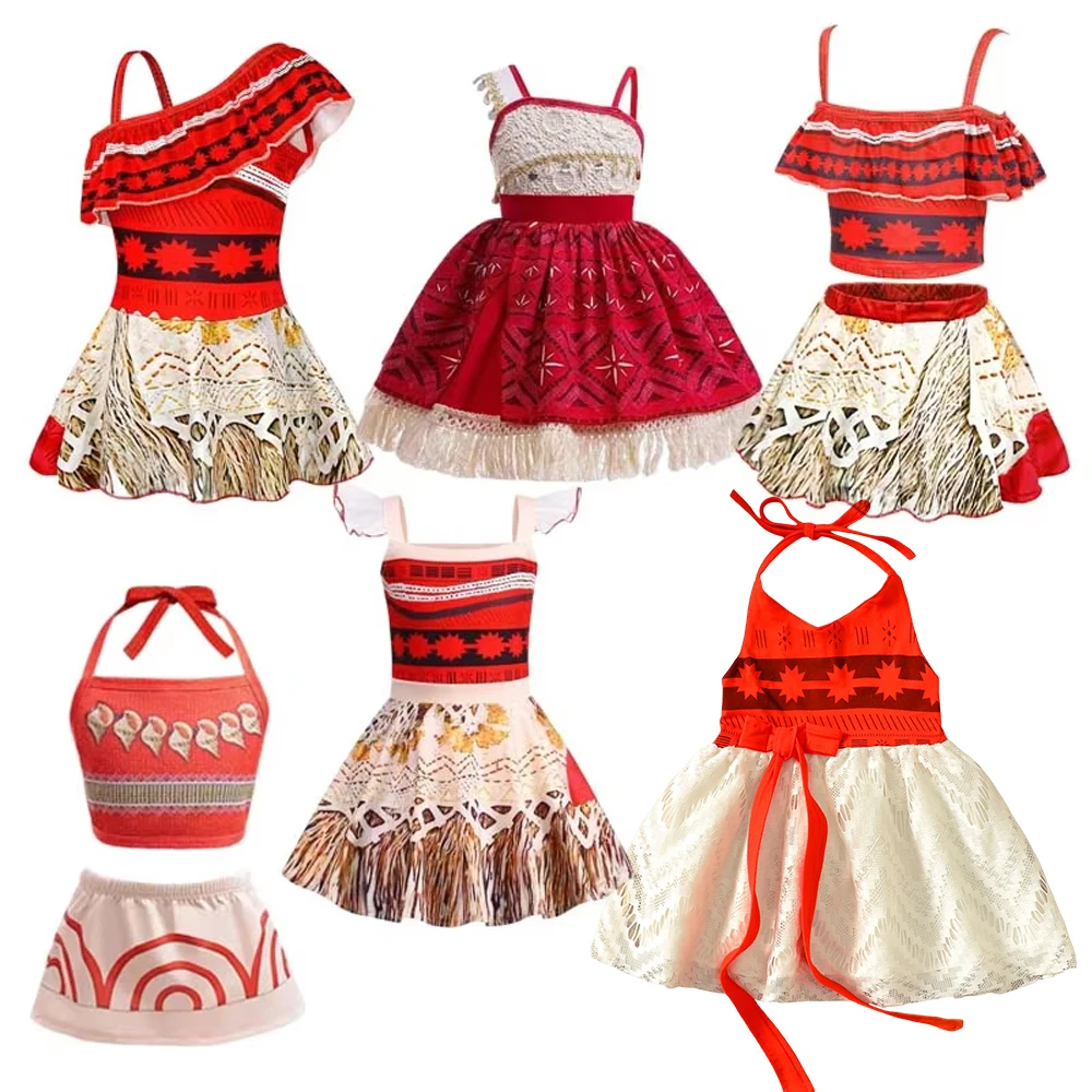 Kids Girls Moana Vaiana Polynesian Two Piece Swimsuit & Dress Set For Summer Beach Vacation Swimming Pool Holiday Party Dress Up