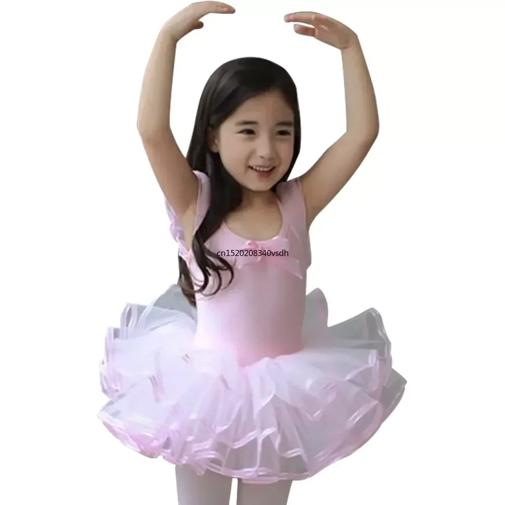 Long Sleeve Children Gymnastics Leotard For Girls Lace Bow-knot Ballet Tutu Dance Dress Pink Ballet Dance Costumes For Kids