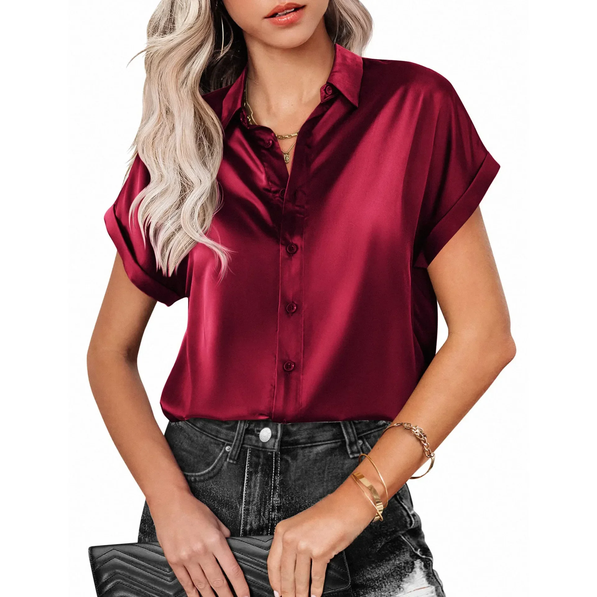 2025, frauen Sommer Bluse Kurzarm Tops Einfarbig Satin Button Up Schulter Hemd Weibliche Pendeln Büro Kleidung Neue