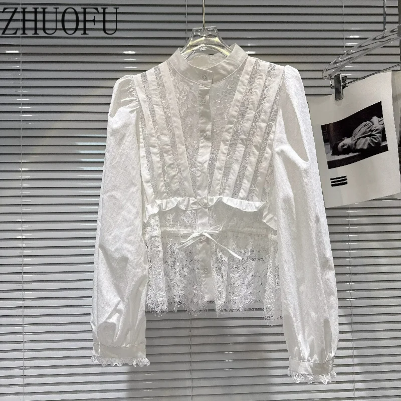 French Design Lace Splicing Hollow Out Women's Shirt 2026 Autumn New Sweet Y2k White Drawstring Strap Long Sleeve Shirts Ladies