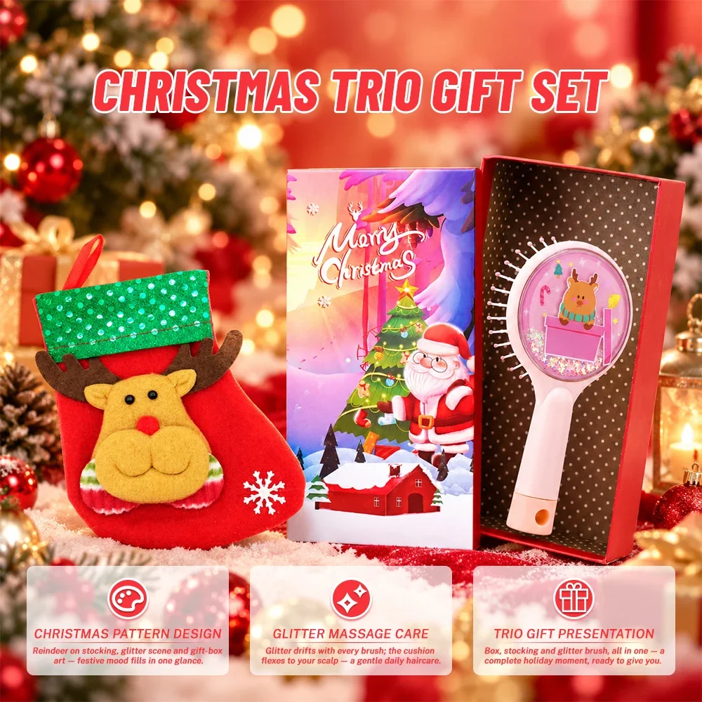 3 Pcs Holy Christmas Deer Drifting Sand Air Cushion Comb Gift Set Includes Air Cushion Hair Brush Christmas Stocking Gifts Box