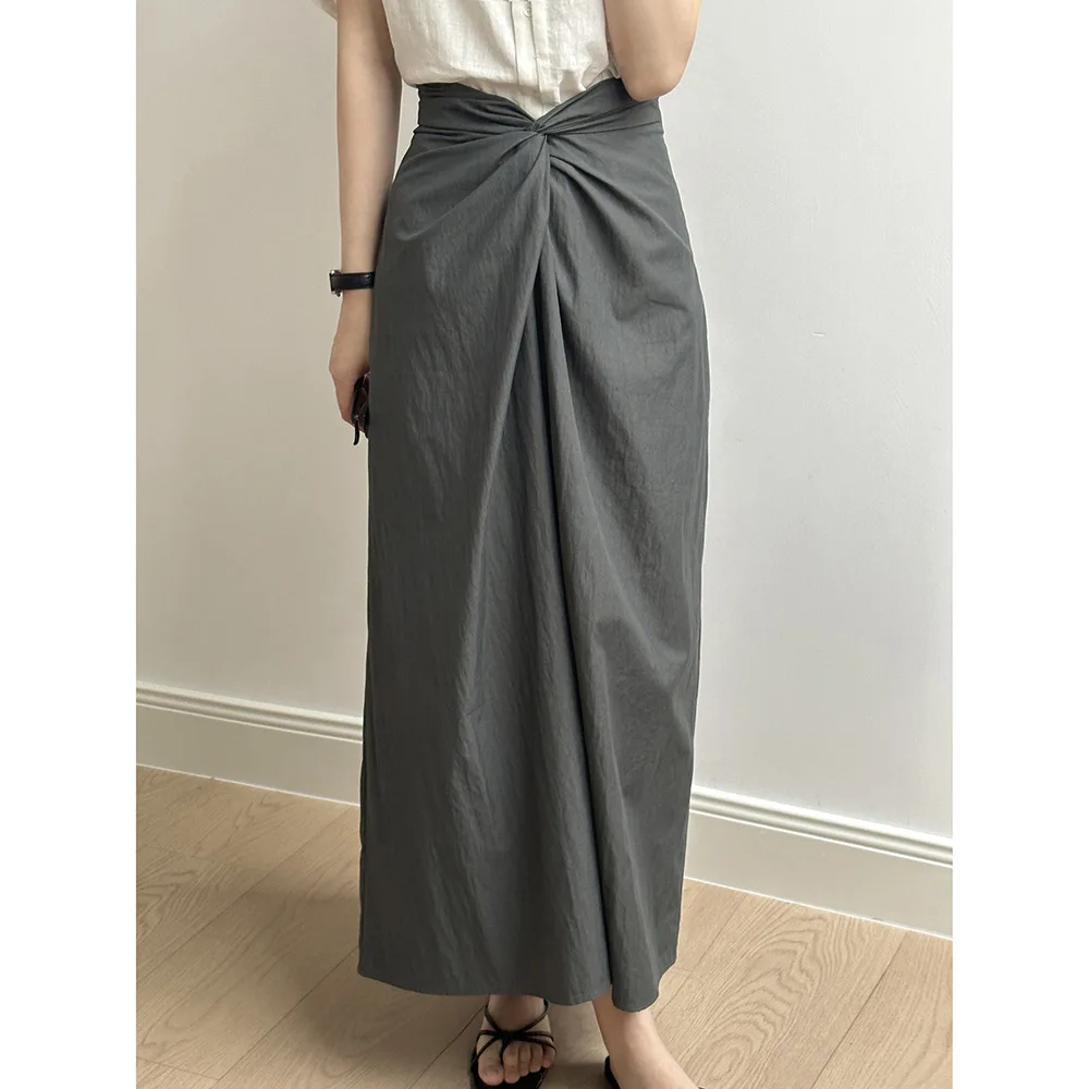 Women Clothing 2024 French Style Design Sense Pleated Skirt Summer New Fashionable A-line Elastic High-waisted Solid Color Skirt