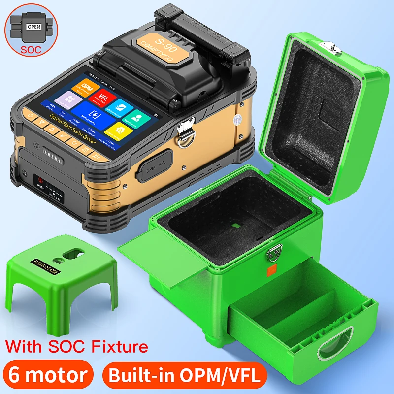 COMPTYCO S-90 Fiber Optic Fusion Splicer 6 Motors Multilingual Touch Screen FTTH Optical Fiber Hot Melt Machine Built-in OPM VFL