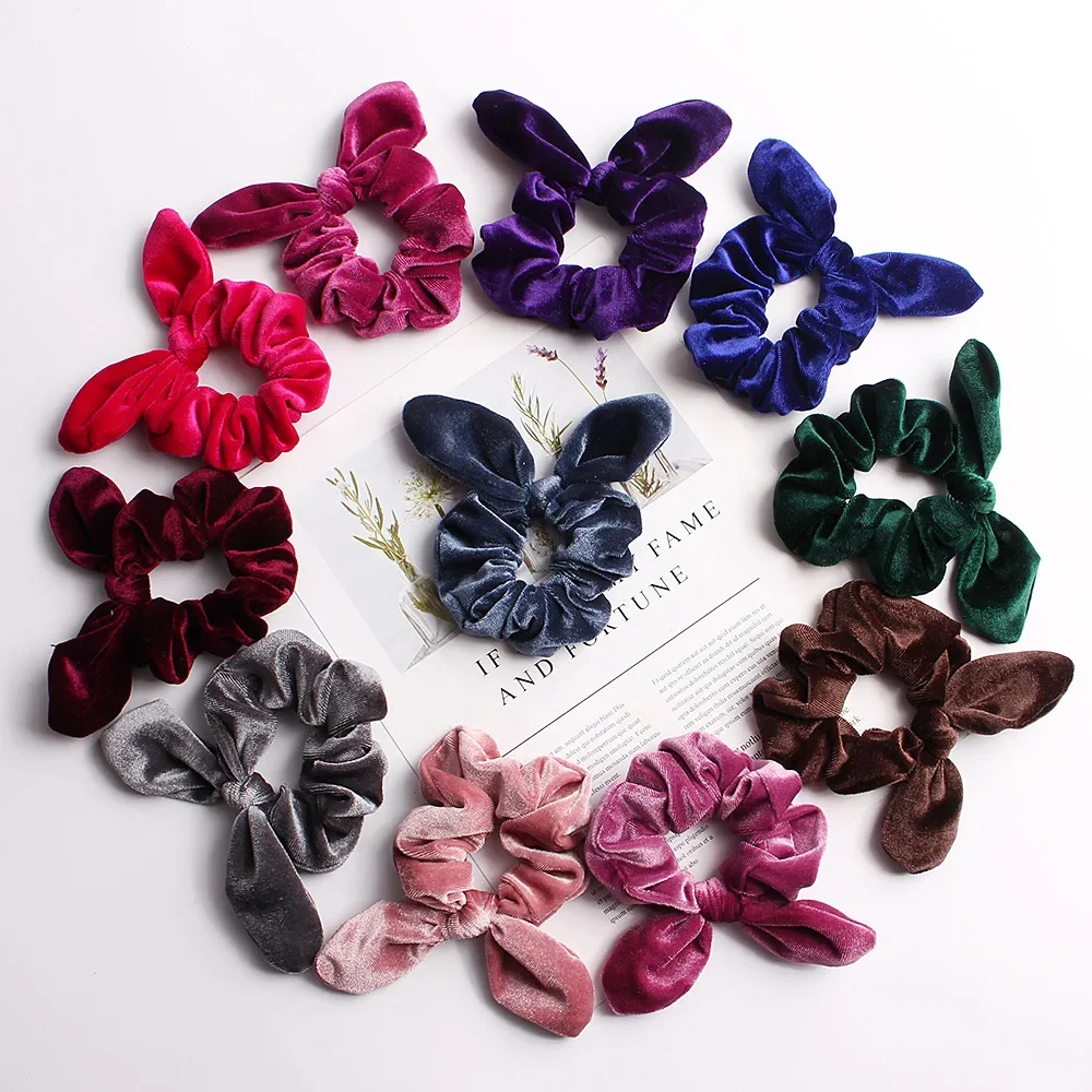 Velvet Scrunchies Girls/Women Velvet Bunny Ear Knot Bow Hair Bands Rabbit Ear Hair Tie Ponytail Hair Accessories