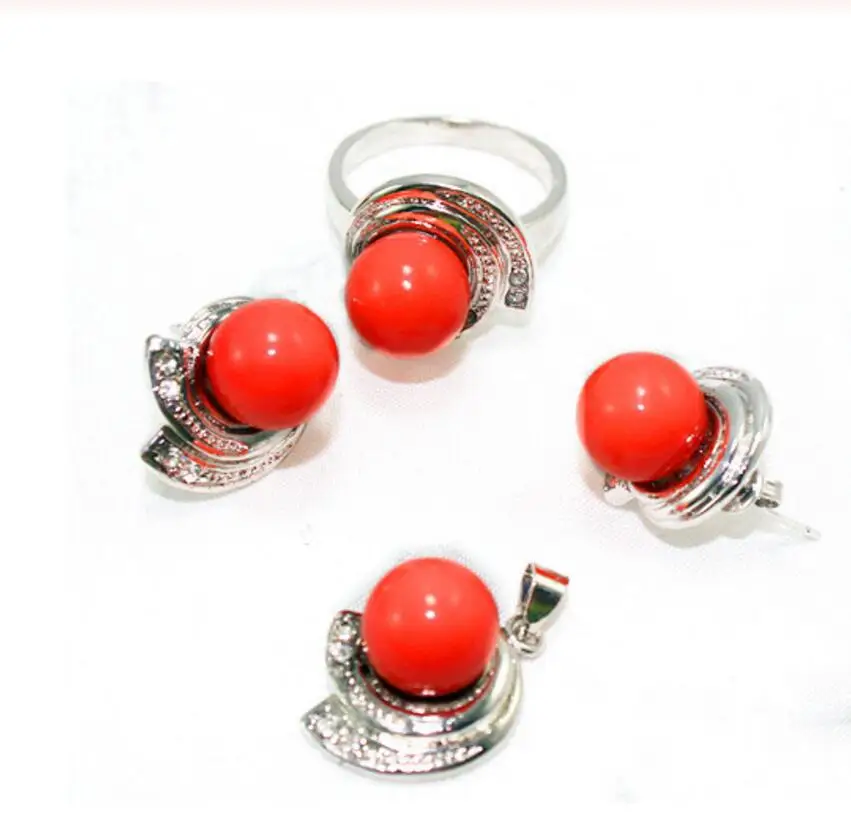 

hot sell new - wholesale nice christmas gift red jade 18kgp stud earring pendant & ring(#7.8.9) jewelry set