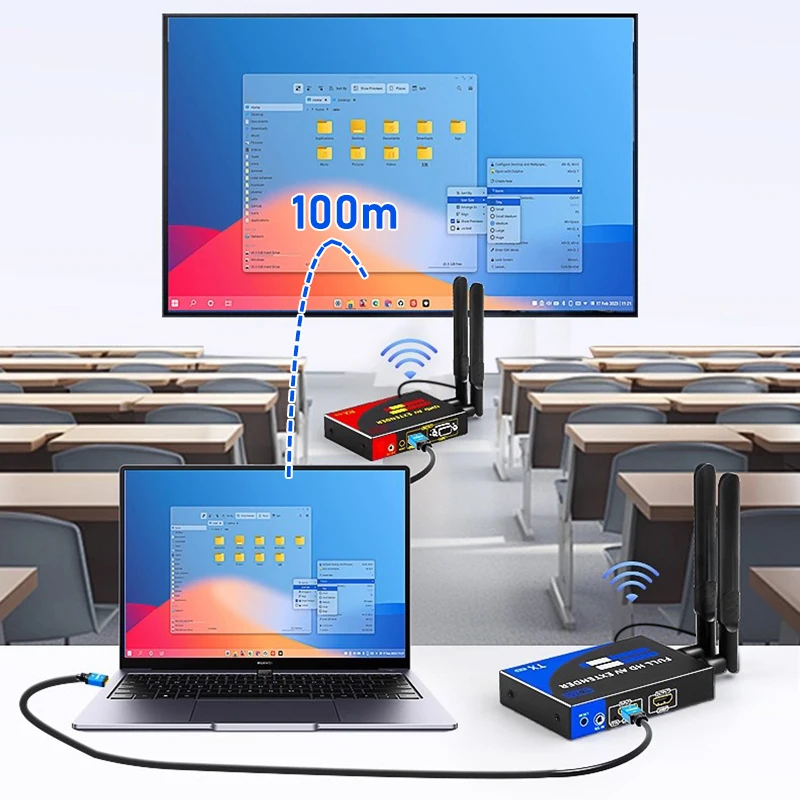 1080P 4K HDMI Wireless Video Transmitter Receiver Extender 100M w/ Audio IR Rj45 VGA Port for Camera Laptop PC To TV Projector