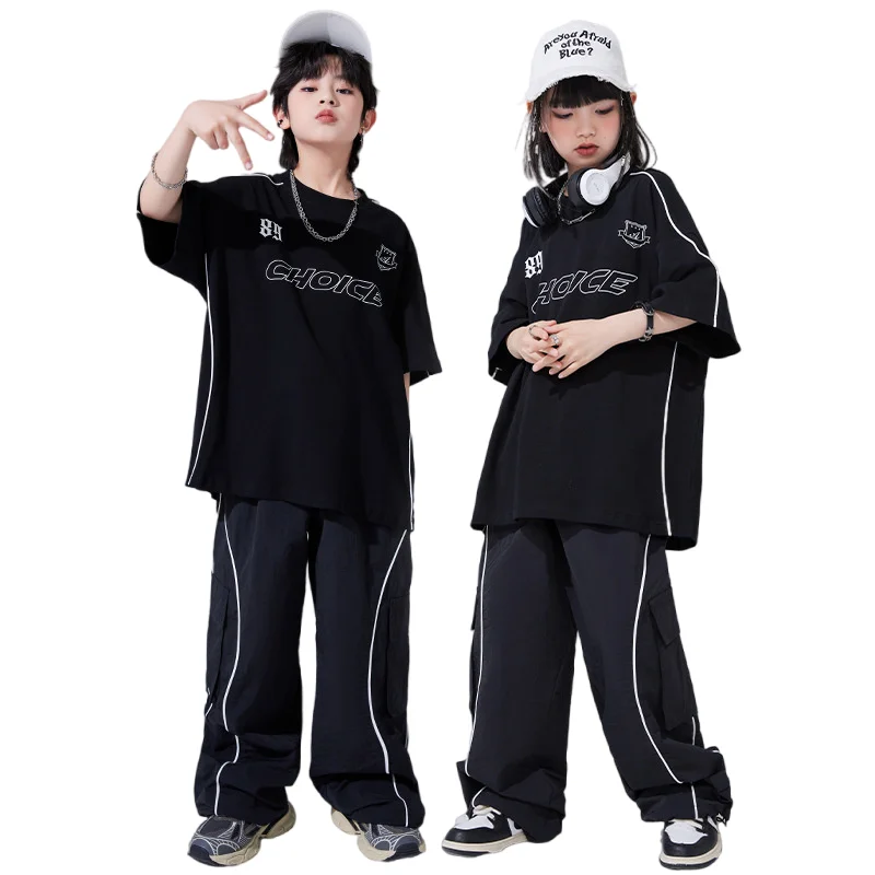 Hip Hop Modern Jazz Team Performance Costume Boy Girls Dance Wear Sets Loose Tee Shirt Long  Pants Letter Print Black Kpop Stage