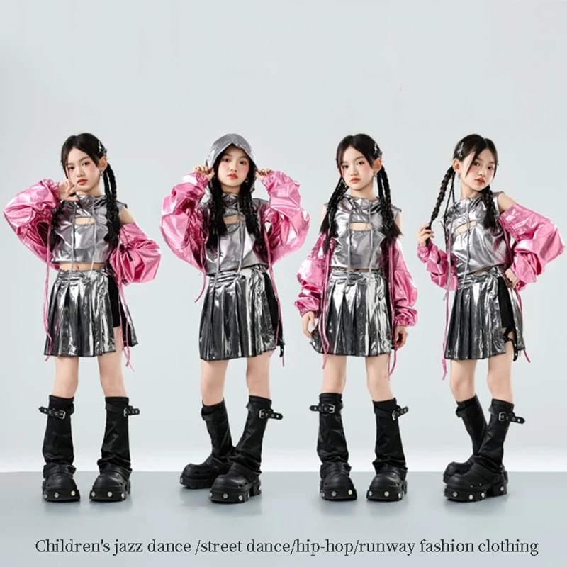 

Silver Pink Jazz Dance Costume Girls Cheerleading Performance Clothes Navel Tops Skirt Kids Runway Concert Stage Outfits BL18267