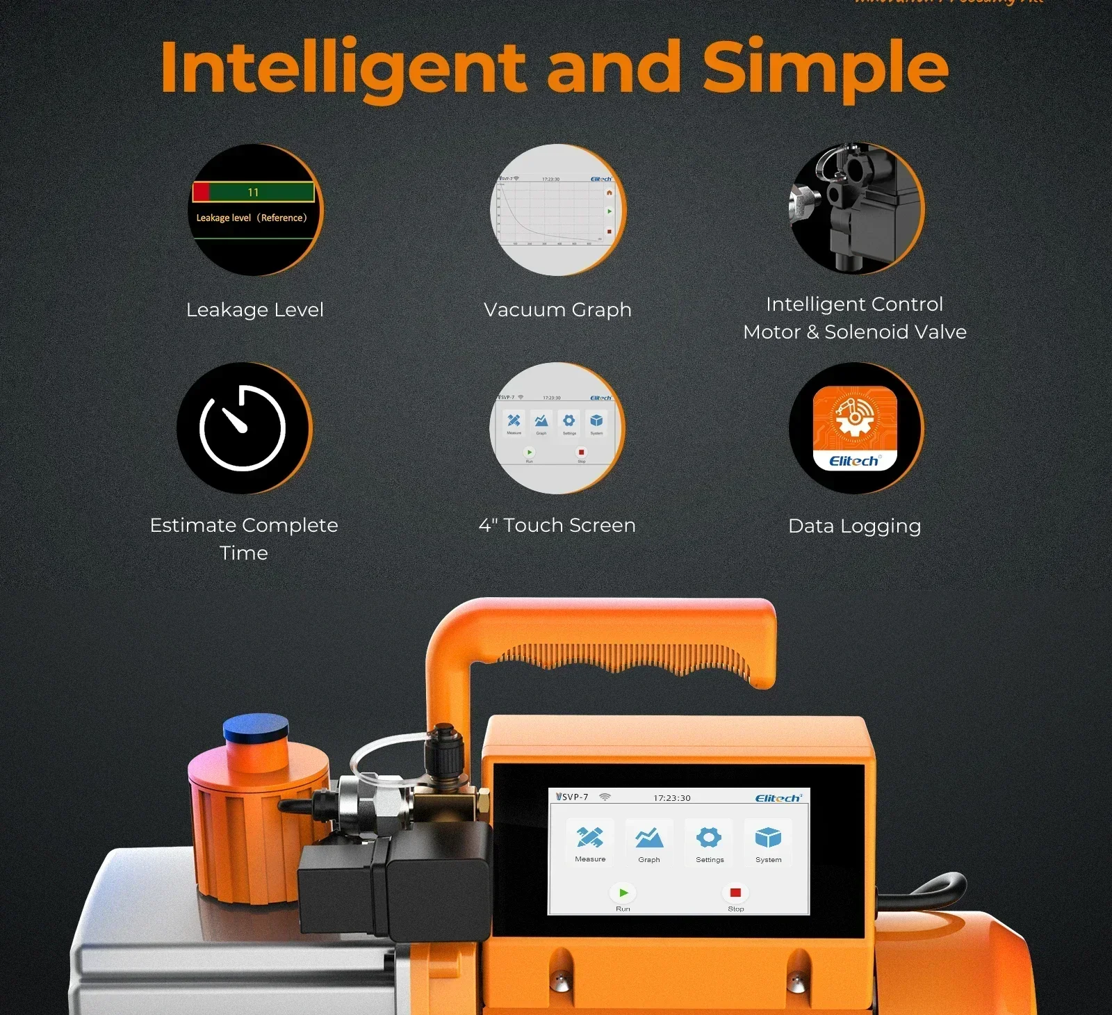 Elitech Vacuum Pump V7/9/12 CFM 2 Stage Intelligent Rotary Vane Vacuum Pump HVAC Touch Screen, Data Logging, Storage via App