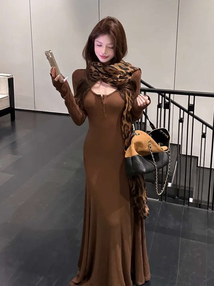 

Ретро Sle U-Ne Long Sve Трикотажное платье Женское осеннее длинное платье трапециевидной формы с внутренним хвостом и высокой талией Sexy Ci Commute