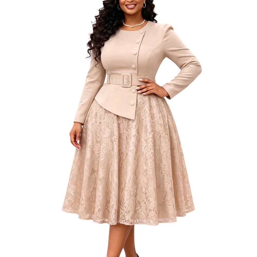 JENYAGE Damen Einfarbiges, schlichtes, langes Kleid mit Rundhalsausschnitt, Gürtel, Peplum-Spitzenrock, A-Linie, formelles Kleid für Hochzeitsgäste und Partys – Detail 8
