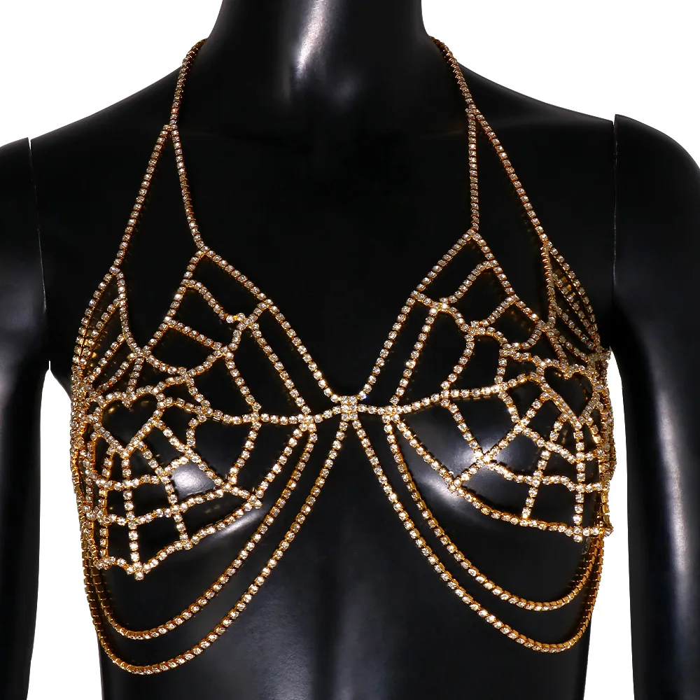 

Luxury Geometric Net Metal Camis Top Women Bling Rhinestone Chest Chain Necklace Summer Bikini Crop Party Show Breast Body Chain