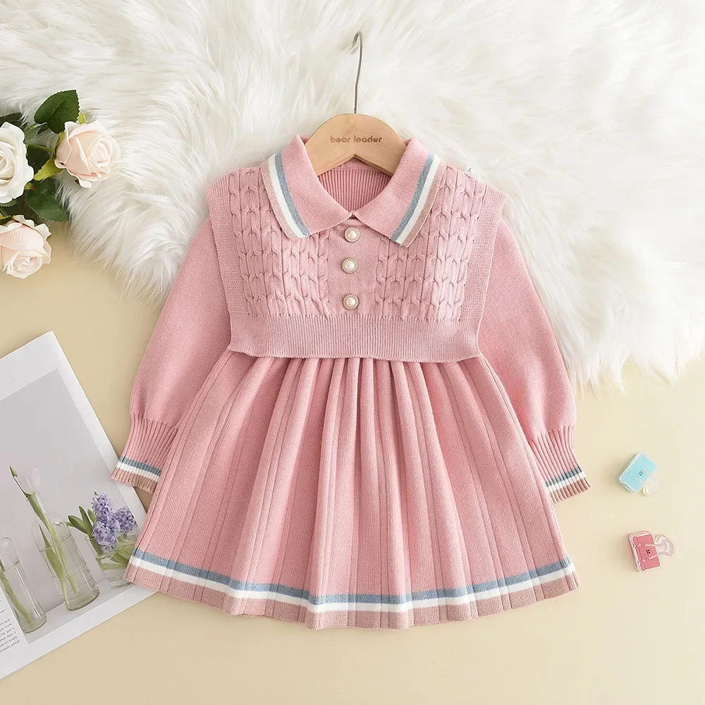 Bear Leader Autumn Winter Girls Sweater Long Sleeve Dress Vest Stripe Party Girl Baby Retro Knitted Wool Dress Casual Vestidos