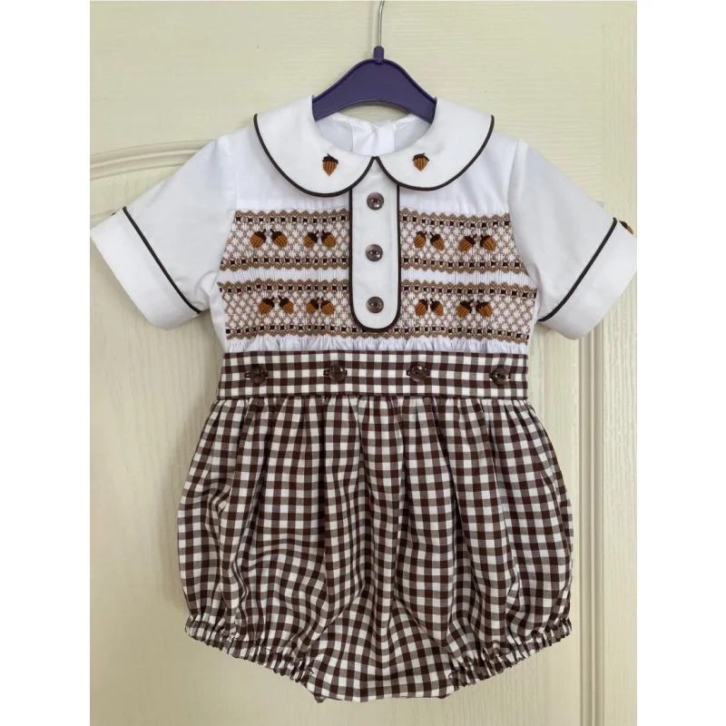 Conjunto de Pelele de Manga Corta para Bebé Niño con Bordado de Higo de Indias y Pantalones Cortos Burbuja de Cuadros Vichy Marrón, Ideal para Fiestas y Cumpleaños A349
