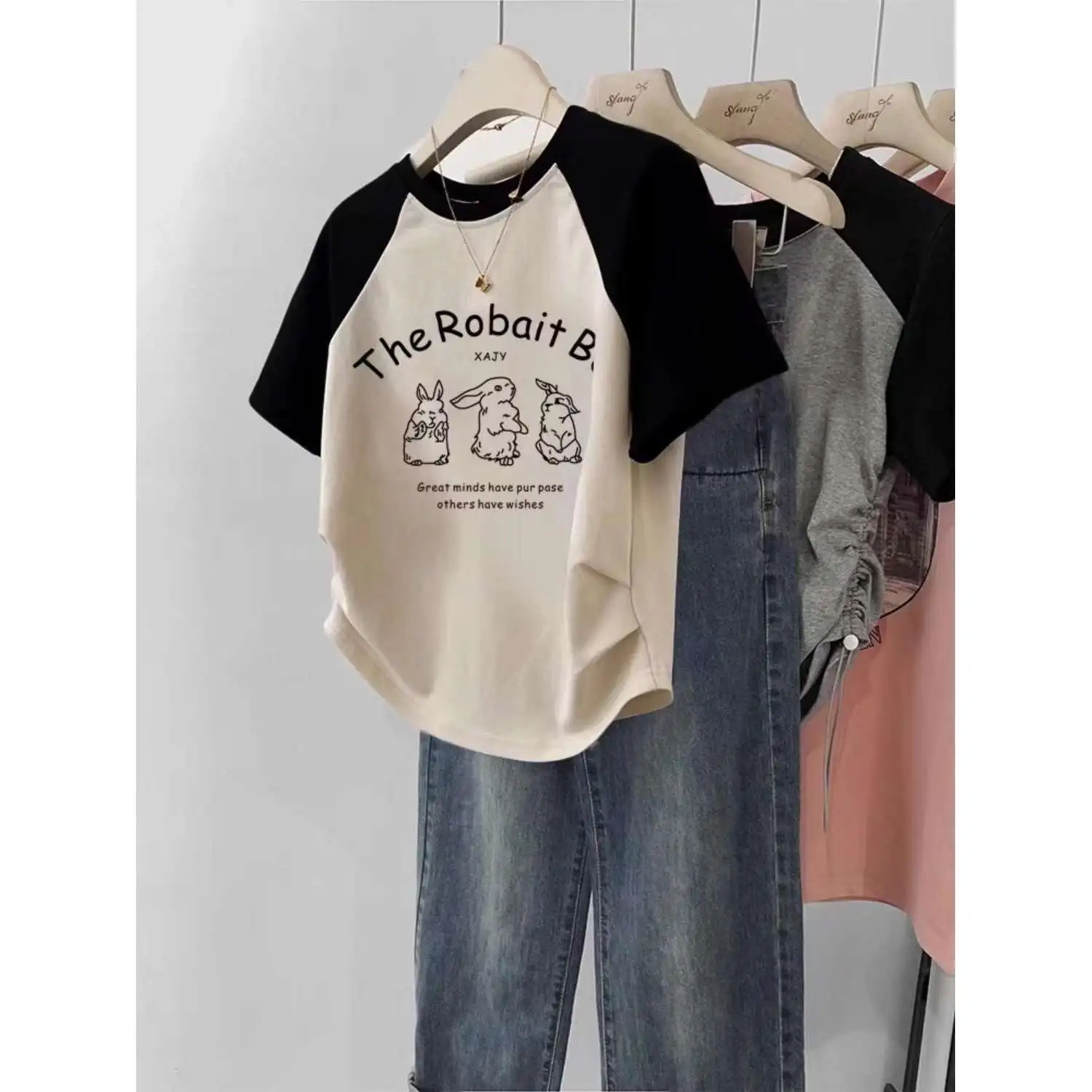 تي شيرت نسائي بأكمام قصيرة وياقة مستديرة بألوان متباينة، تصميم ضيق بطراز أمريكي عتيق، أزياء عصرية رائجة للشارع #3