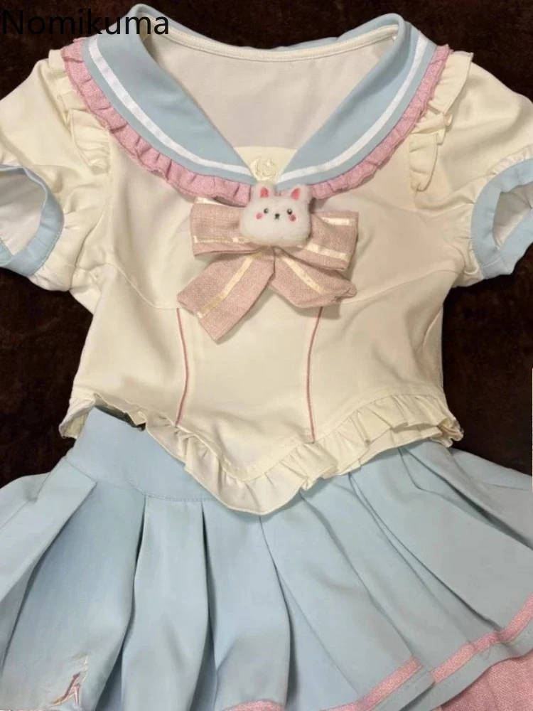 Preppy Style Summer Two Piece Sets Women Y2k Clothes Sailor Collar Short Sleeve Tops Mini Pleated Skirt Suit Chic Sweet Outfits