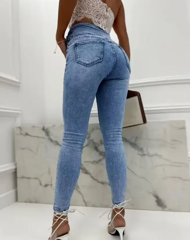 Fashion Women's Denim Pants Pearls Decor Buttoned High Waist Casual Pocket Skinny Daily Long Jeans Y2K Streetwear 2024 Spring