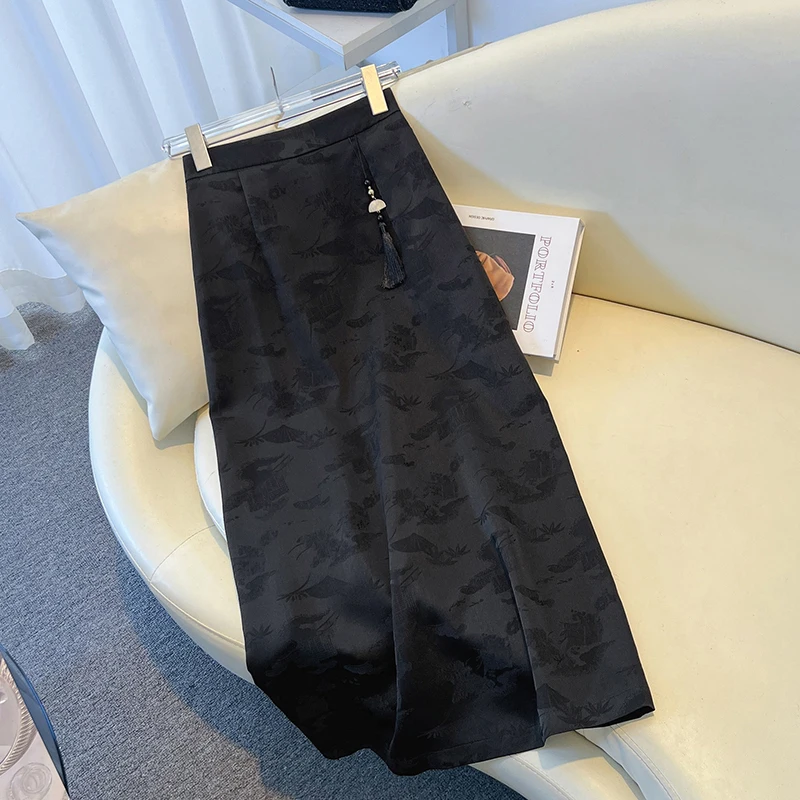 Gonna longuette a vita alta da donna Primavera Autunno Taglia grande A-Line Dritto Acetato Raso Ricamo Cinese Sle Pendolarismo