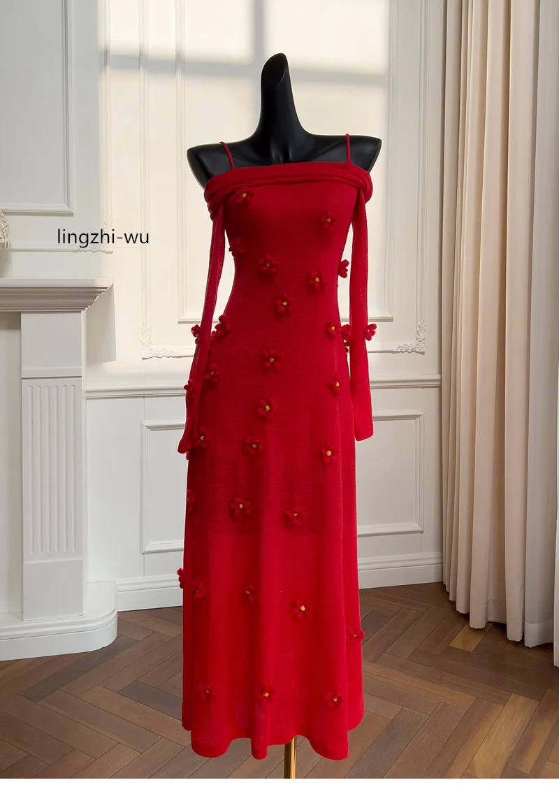 Lingzhi-Wu-red formal long dress for women, French design, slash neck, off the shoulder, elegant, stretch, flower design