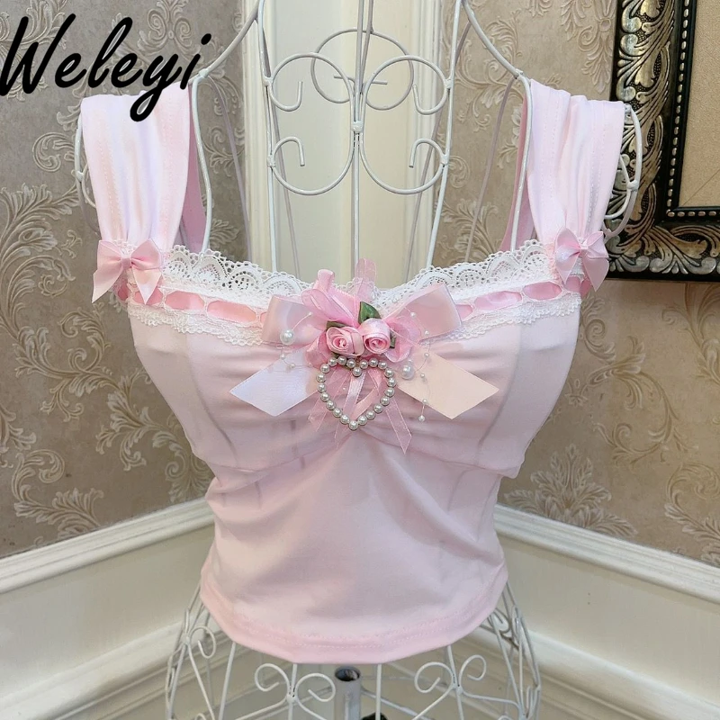 Sweetheart Girl Rose Flower Bow Love Pendant Crop Top 2025 Summer New Hot Girls Sweet Lace Slim Top Suspender Vest Tank Tops