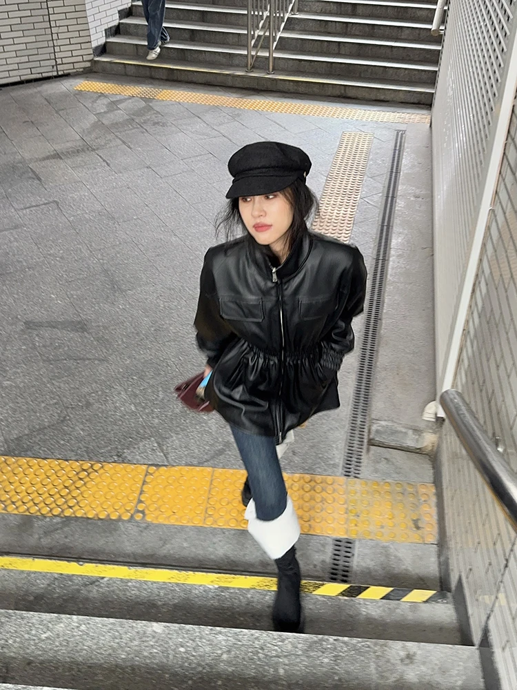 Cool Sle Thiened Winter Leren Jaet Dames Lange Sve Jas Opstaande Kraag Taille Naar binnen Winddicht Warm Bont Binnenkant