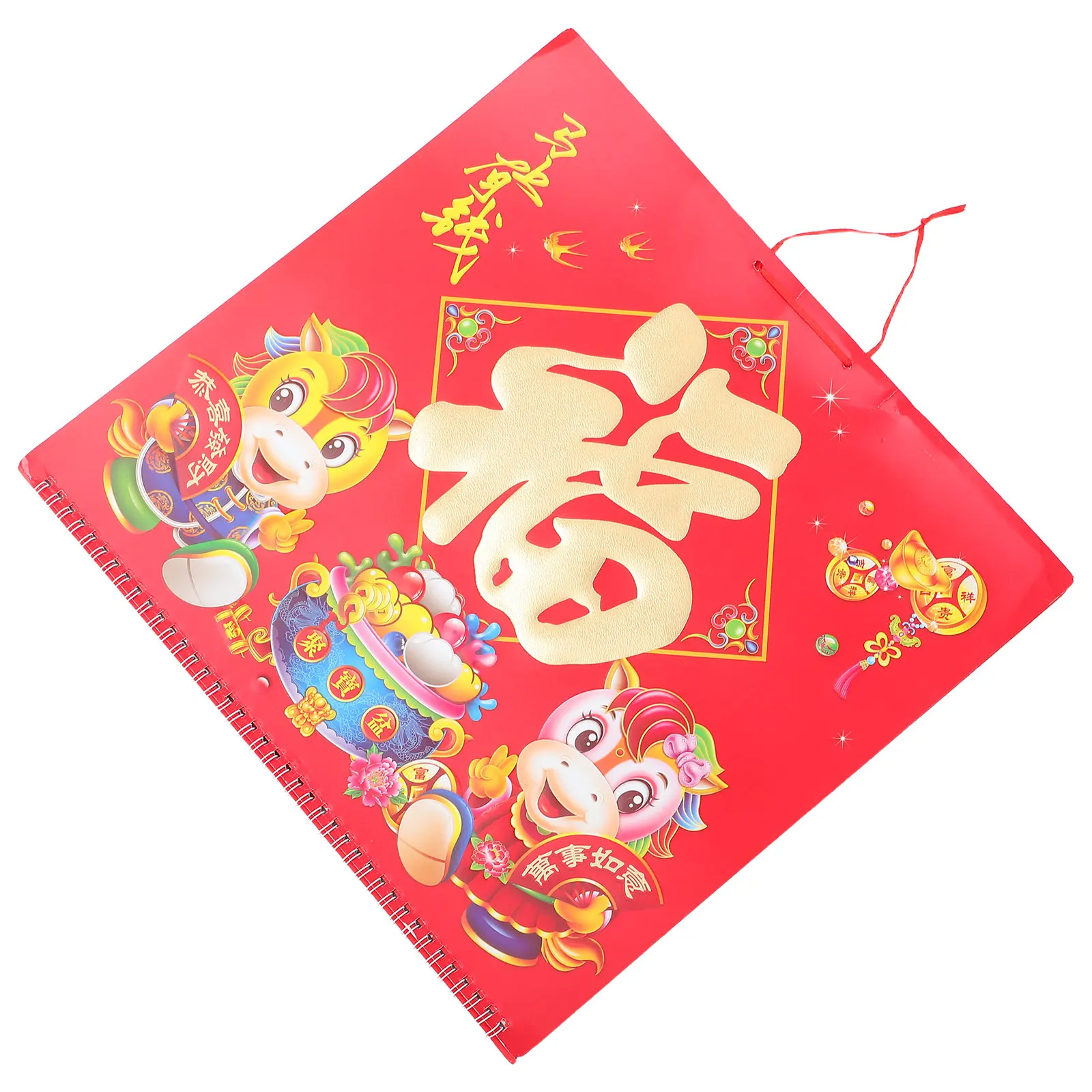 

Vintage Chinese Lunar Calendar Year of Horse 2026 Wall Hanging Calendar with Gold Foil Fu Charm Spring Festival Decor for Home